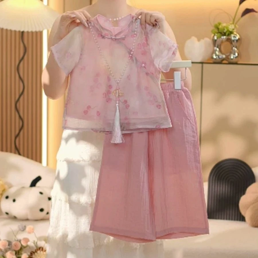 女童套装夏季2025新款儿童洋气夏装中大童新中式国风汉服两件套潮