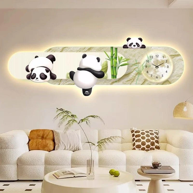 奶油风熊猫客厅装饰画创意沙发背景墙钟表挂画高级仿真绿植带灯画
