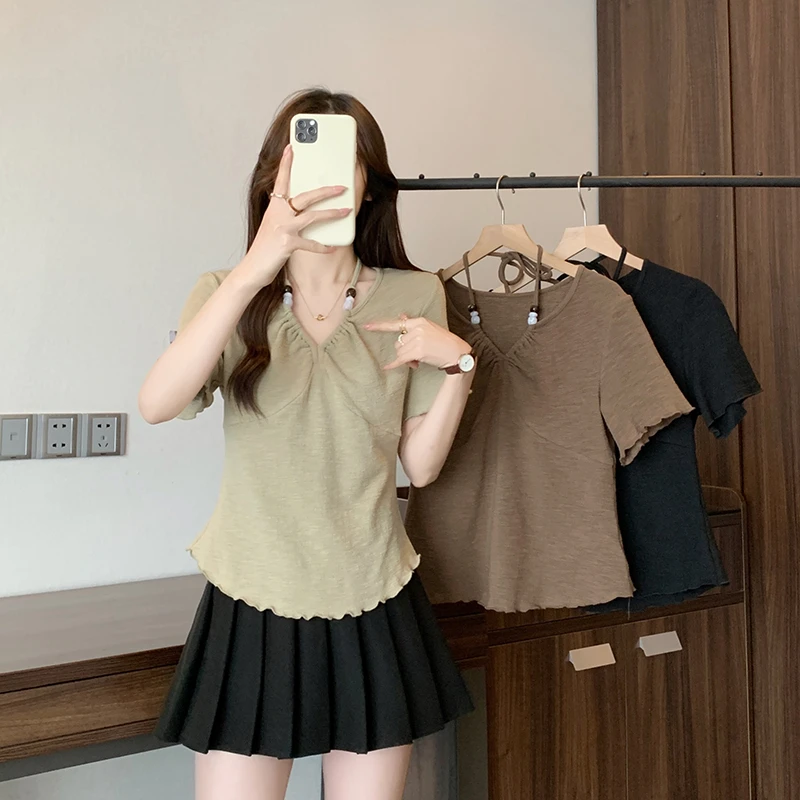 Q夏装新款胖mm大码女甜美设计感串珠挂脖木耳边短袖T恤A1331