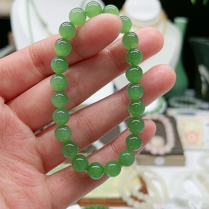 天然和田玉俄料碧玉8mm素圈绿色阳绿单圈玉手串圆珠情人节礼物