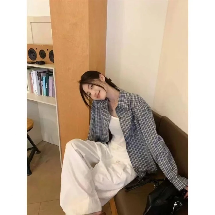 【工厂现货】复古宽松慵懒风格子衬衫女早春新品韩版休闲简约长袖