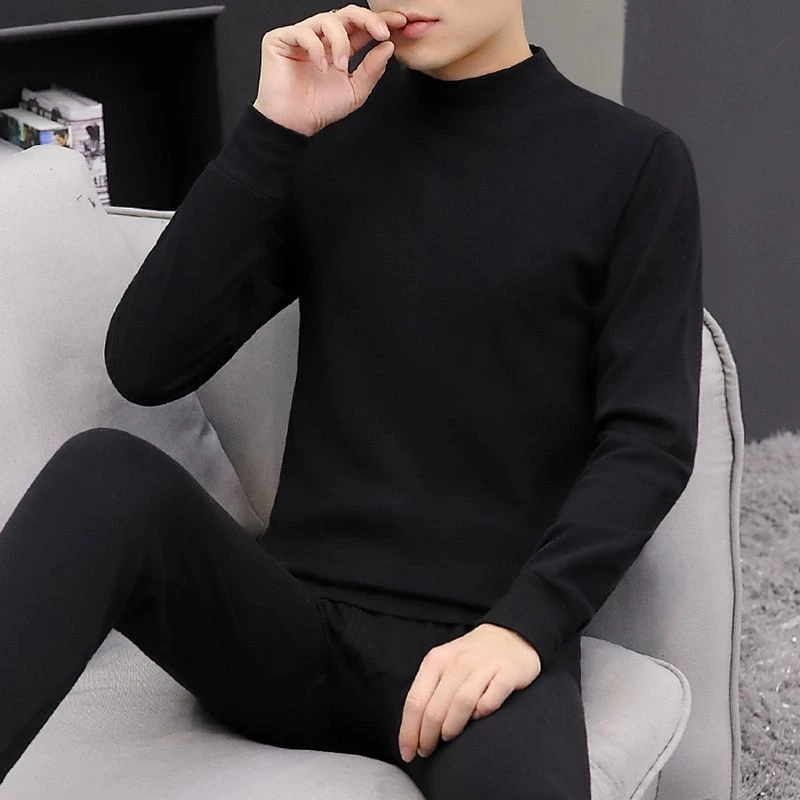 男士棉质秋衣秋冬套装中领棉毛衫全棉半高领园领薄款保暖内衣套装