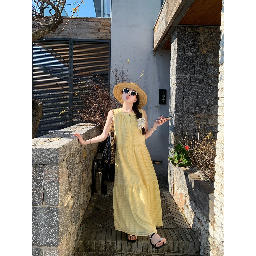 姿娘【碎金海岸】格纹夏季新款韩系气质宽松度假风格子背心连衣裙女