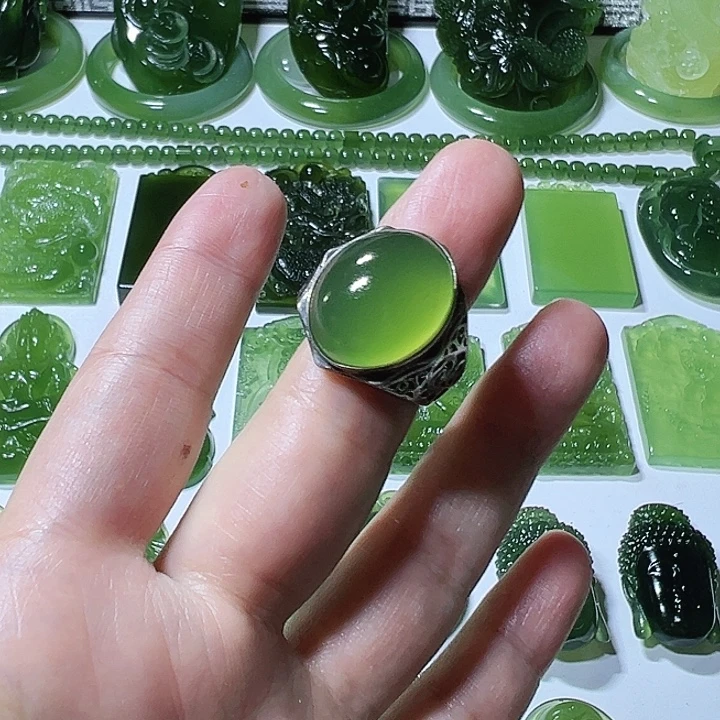 雨***影蛇纹石玉银S925镶嵌戒指