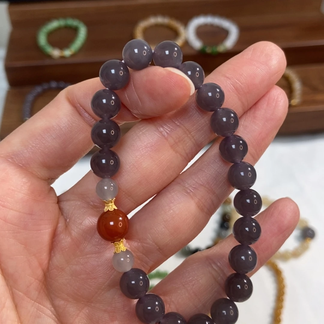 和田玉18K金镶嵌手链8mm冰底深烟紫