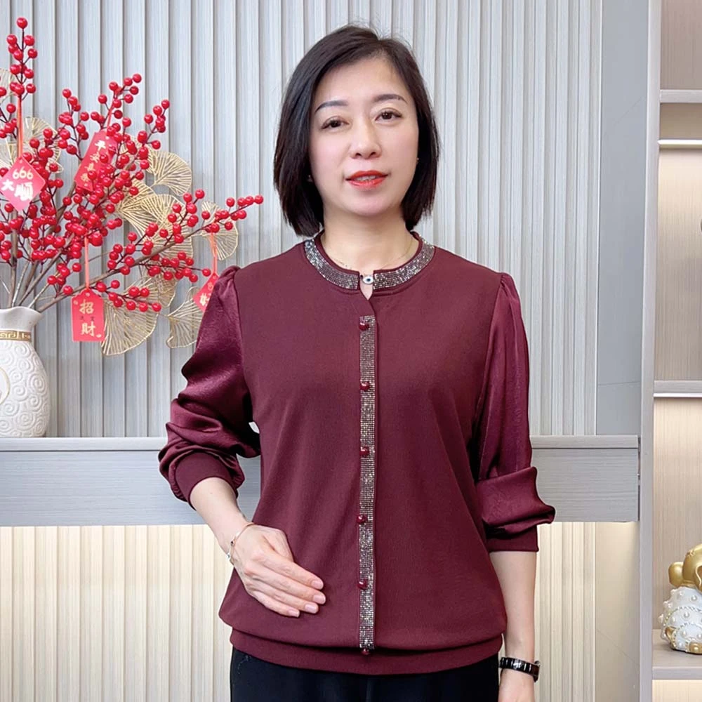 春款上新时尚百搭洋气减龄宽松显瘦气质烫钻圆领中老年妈妈装上衣