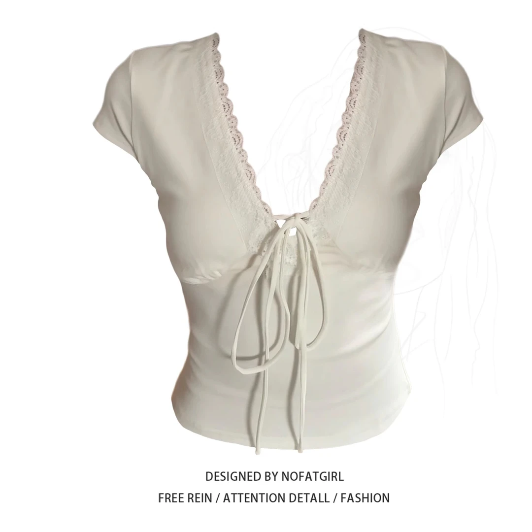 大码胖MM纯欲风蕾丝拼接v领独特漂亮短袖t恤女夏季气质辣妹短上衣