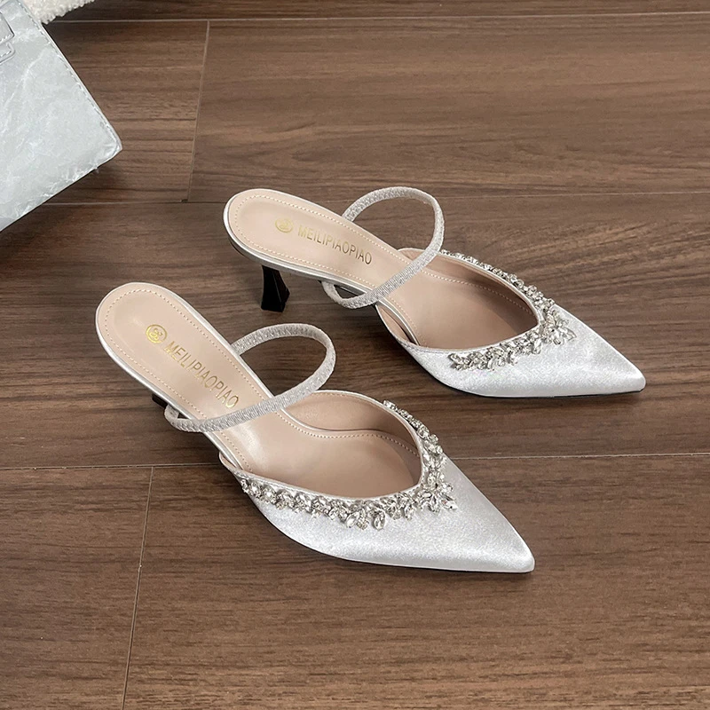 羊皮款法式细跟尖头高跟鞋女2025爆款洋气一字带凉拖鞋显瘦高级感