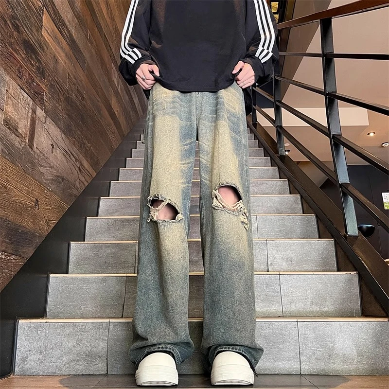 破洞牛仔裤男美式复古水洗做旧男生裤子高街百搭休闲潮流垂感长裤