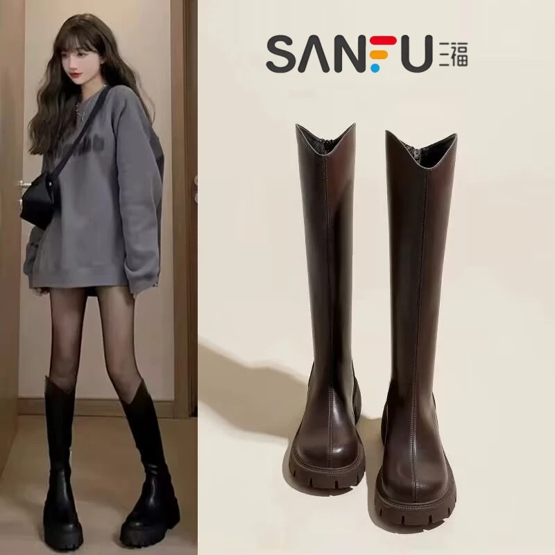 三福真皮长筒靴女2025秋冬新款V口显瘦高筒粗跟长靴不过膝骑士靴
