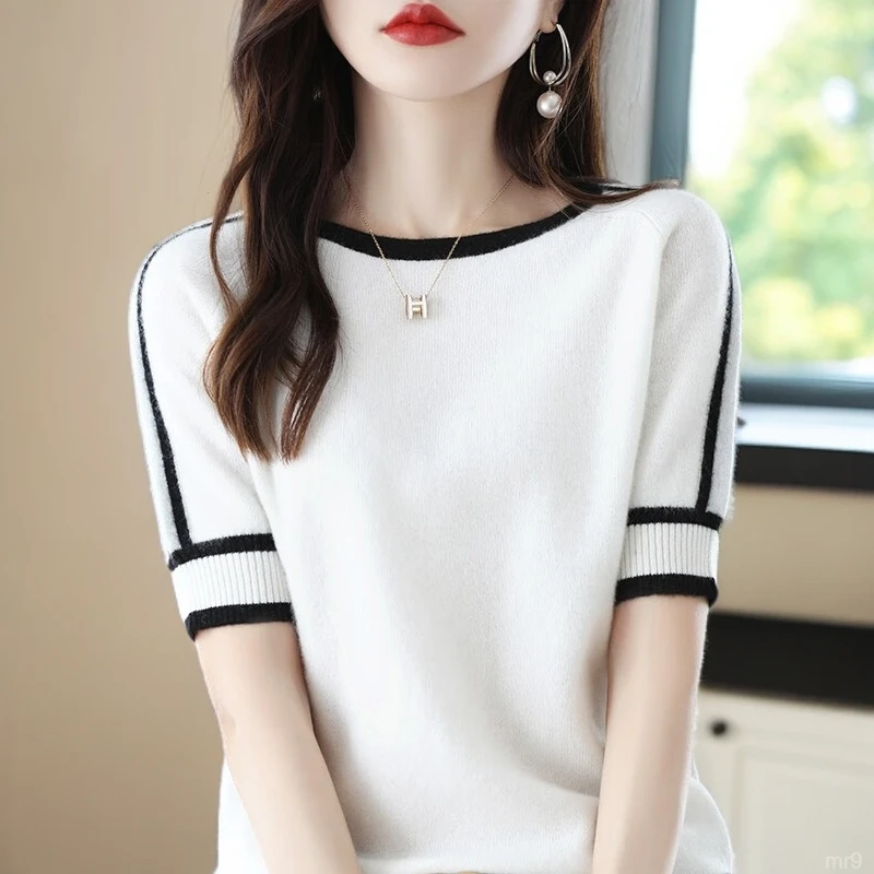 冰丝针织t恤女2025夏季韩系设计感慵懒风宽松百搭超火上衣ins潮