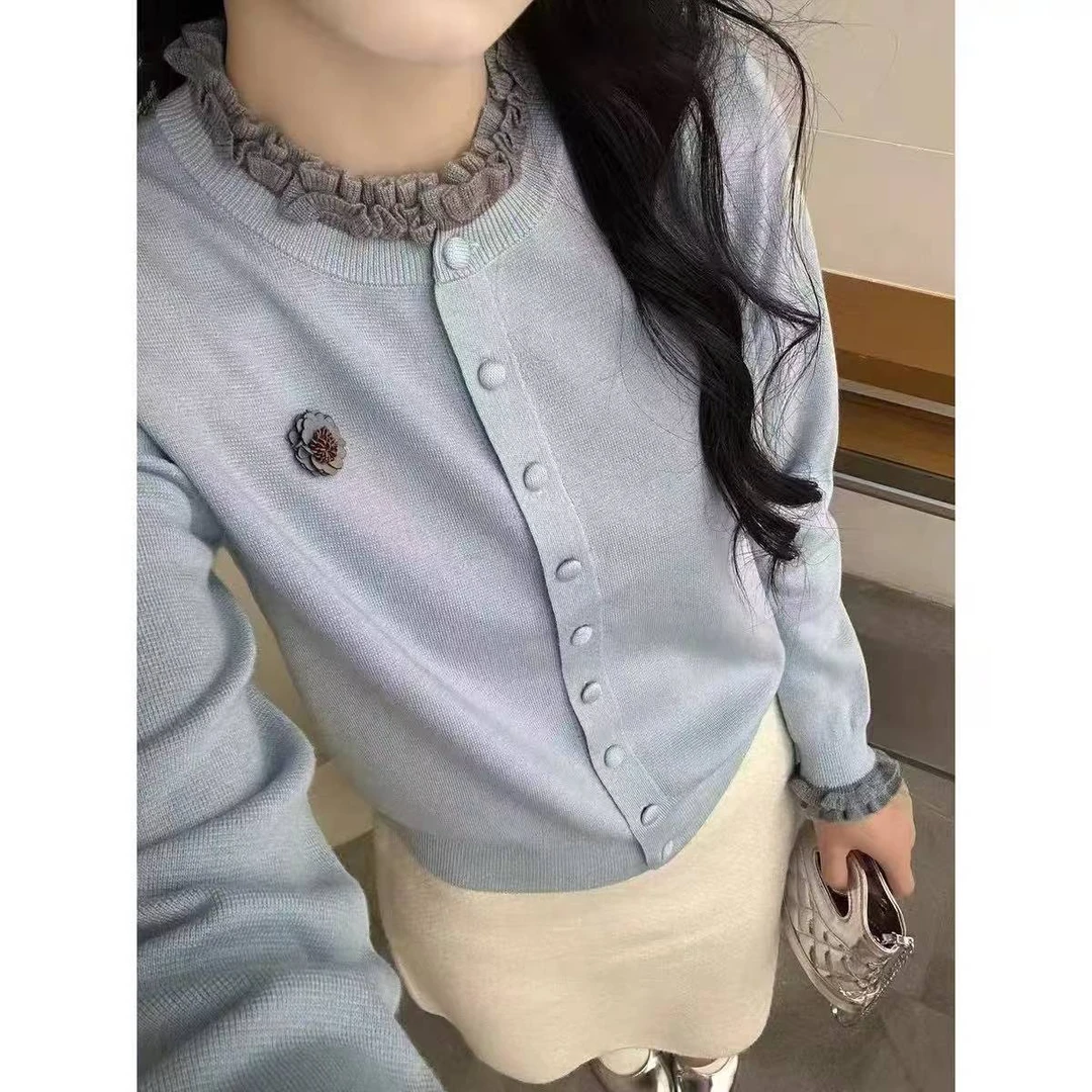 【發財精选】高端羊毛针织衫女高级感木耳边立领开衫上衣