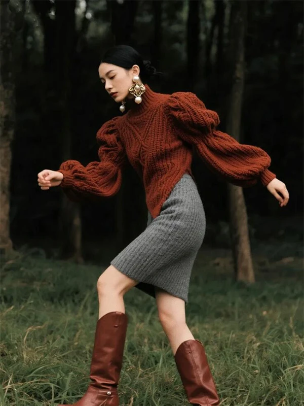 2025超火冬装韩系chic慵懒高级感红色高领粗麻花毛衣针织套装裙女