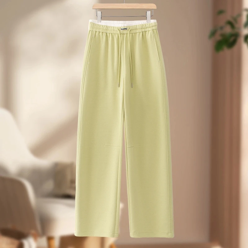 柠檬黄色窄版运动直筒裤女2025春秋季新款松紧高腰宽松休闲阔腿裤