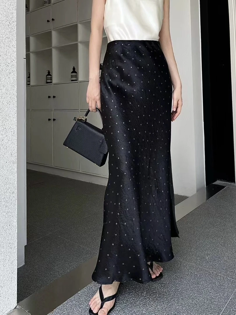 【CHENFREE】春夏新款重磅醋酸波点斜裁微鱼尾半裙