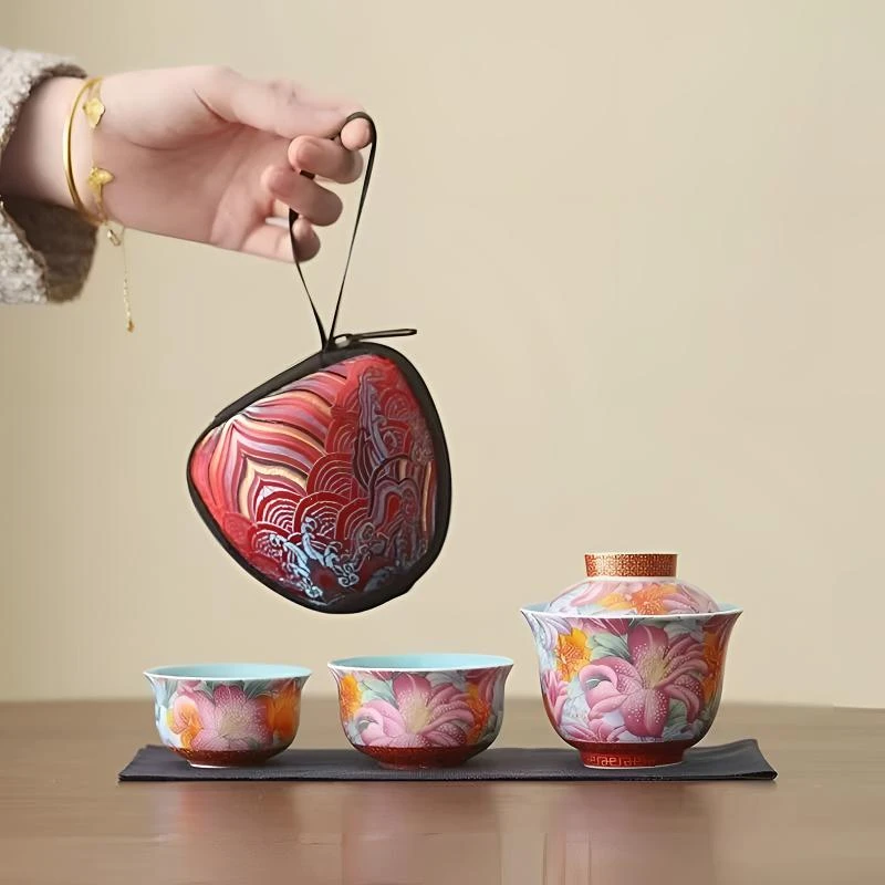珐琅彩堆花松石绿内釉旅行茶具套装857