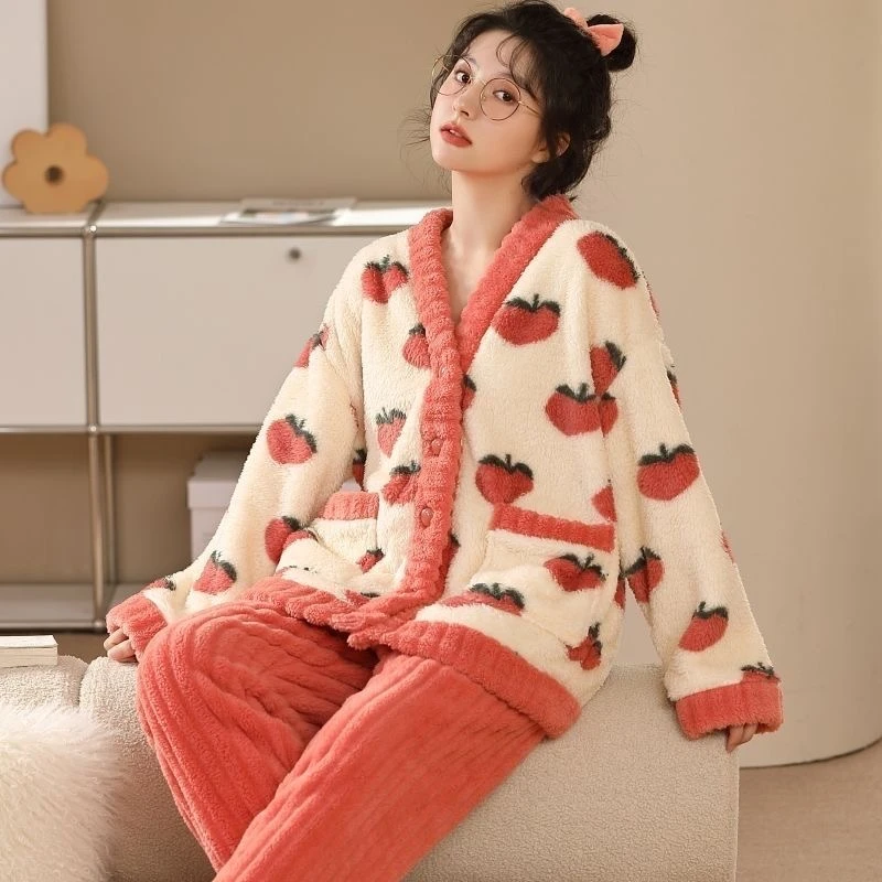 水蜜桃居家服秋冬季睡衣女珊瑚绒新款可外穿加厚加绒秋冬款法兰绒