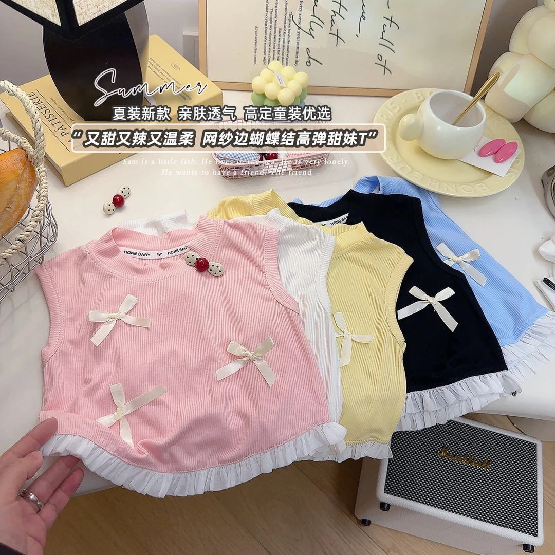 【莫代尔】夏季薄款人棉女童洋气甜美立体蝴蝶结花边上衣千金公主风