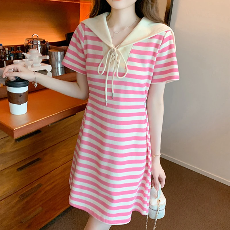 千金贵气名媛风女装甜美减龄海军领小众条纹T恤裙宽松气质连衣裙