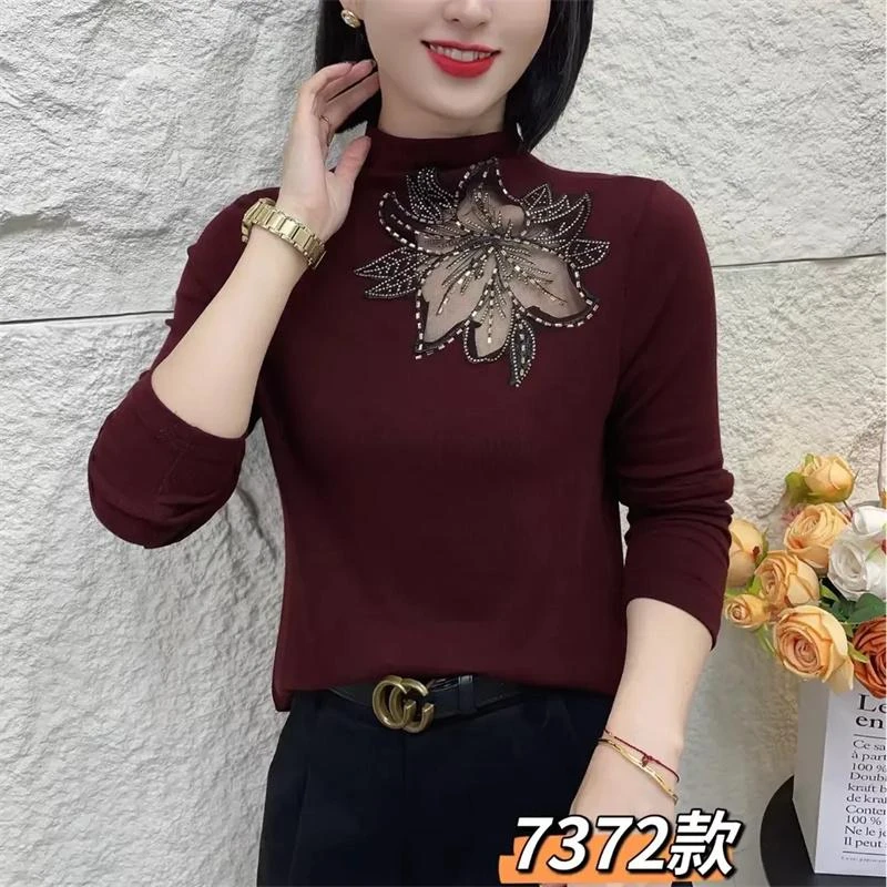 2025春秋新款半高领镂空烫钻花朵长袖打底衫气质高贵上衣女妈妈装