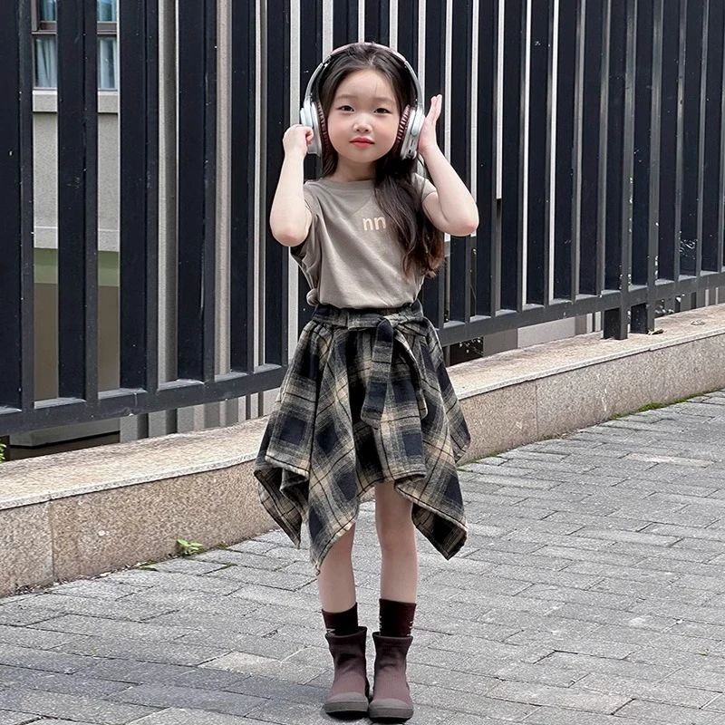 2025炸街女童裙子套装夏季小女孩夏装洋气时髦不规则格子裙两件套