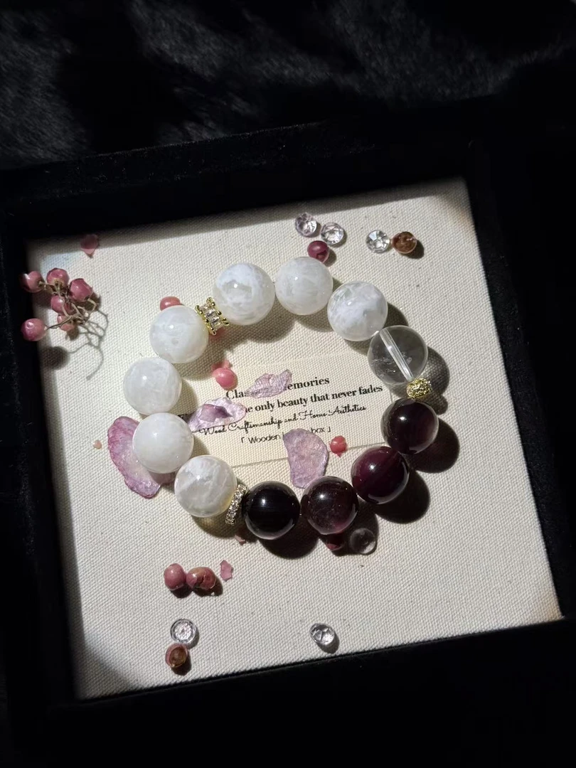 【绯墨霜华】原创天然水晶手串紫锂云母雪花幽灵多样性发一