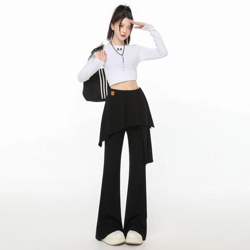 黑色松紧腰屁帘裤女2025秋季新款高腰显瘦垂感设计感拖地微喇叭裤
