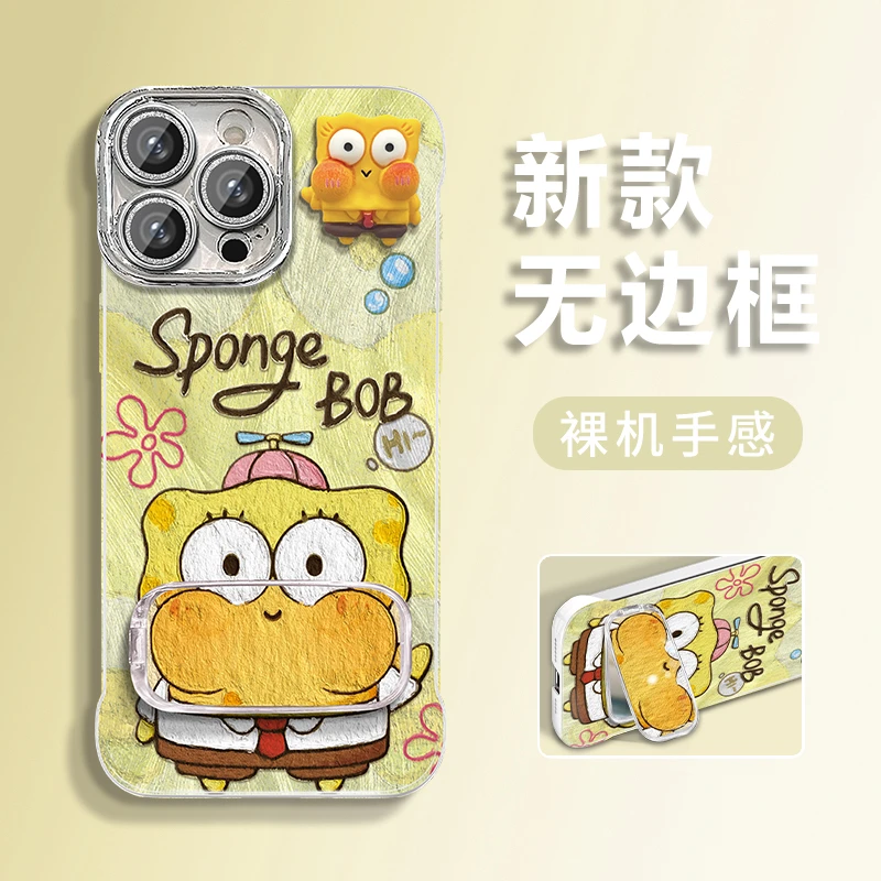 油画海绵宝宝适用苹果vivo华为oppo小米iPhone16羽纱无边框手机壳