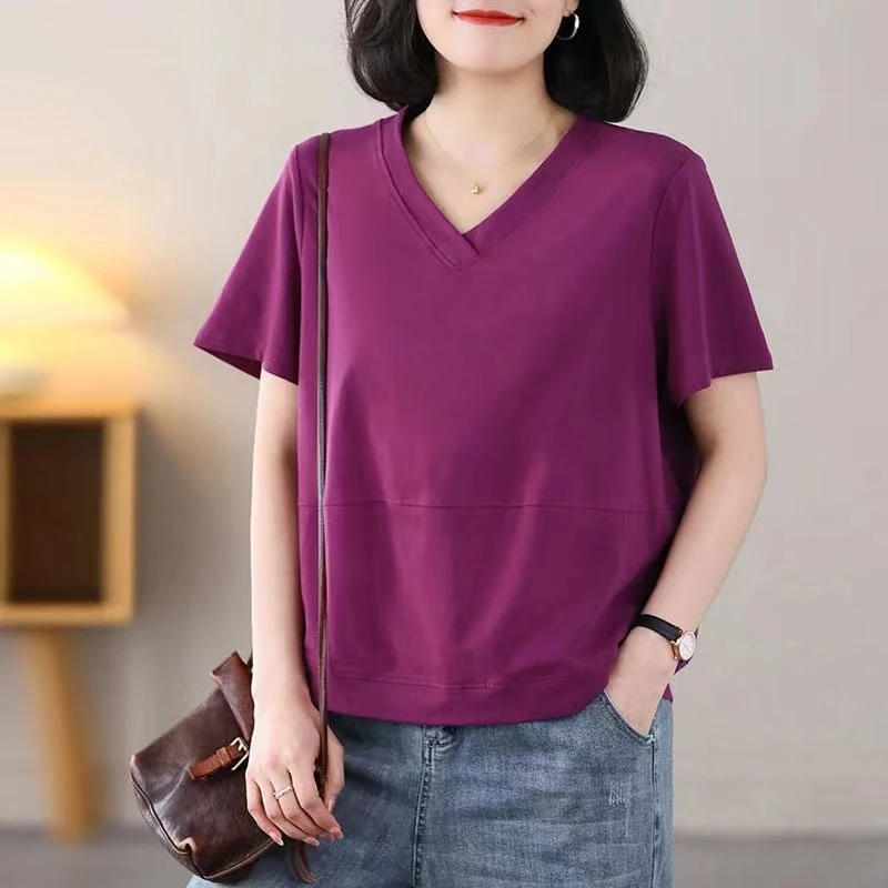 纯棉v领t恤女短袖欧货夏装2024新款ins休闲显瘦百搭气质胖MM小衫