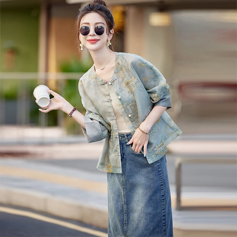 新中式国风外套女夏2025小个子新款百搭刺绣唐装薄外套衣上衣