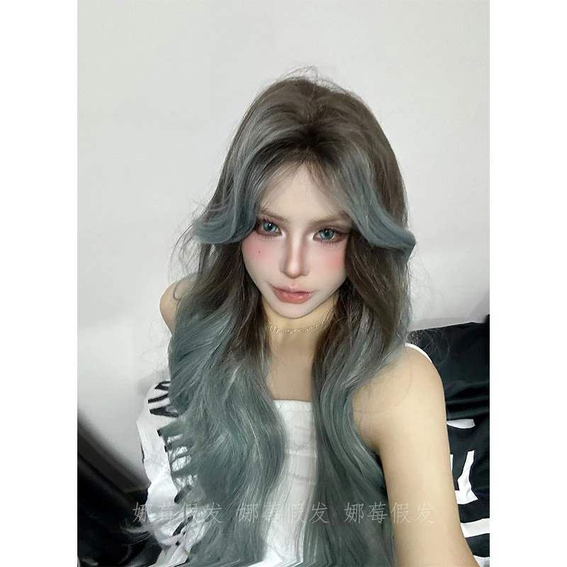 渐变青蓝色自然高层次大波浪轻薄小额蕾丝氛围感女生全头套假发