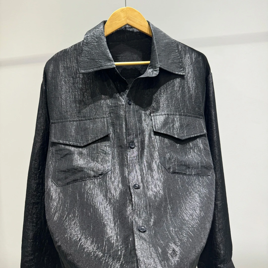 男士轻奢高级肌理感黑色长袖衬衫潮流时尚休闲宽松百搭上衣服