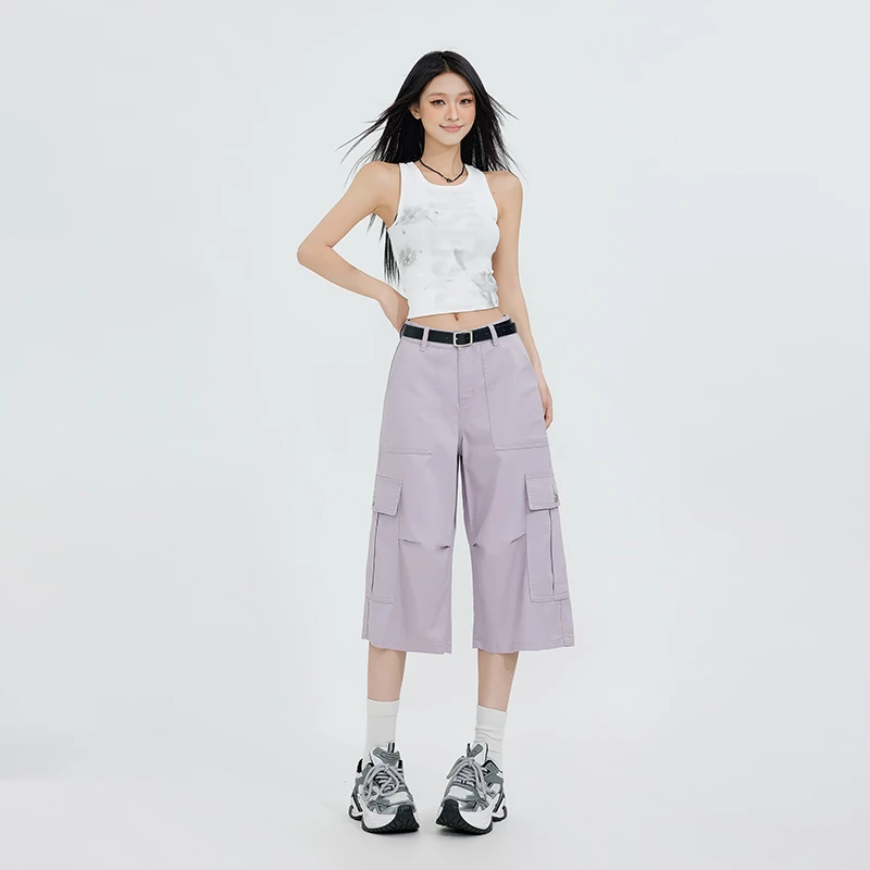 2025开春美式复古大口袋工装七分牛仔短裤女时尚设计感阔腿中裤子