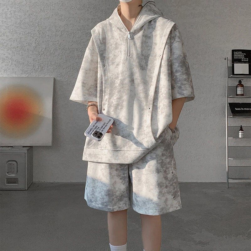 夏季潮牌扎染宽松休闲短袖短裤套装青少年t恤运动男生穿搭一整男