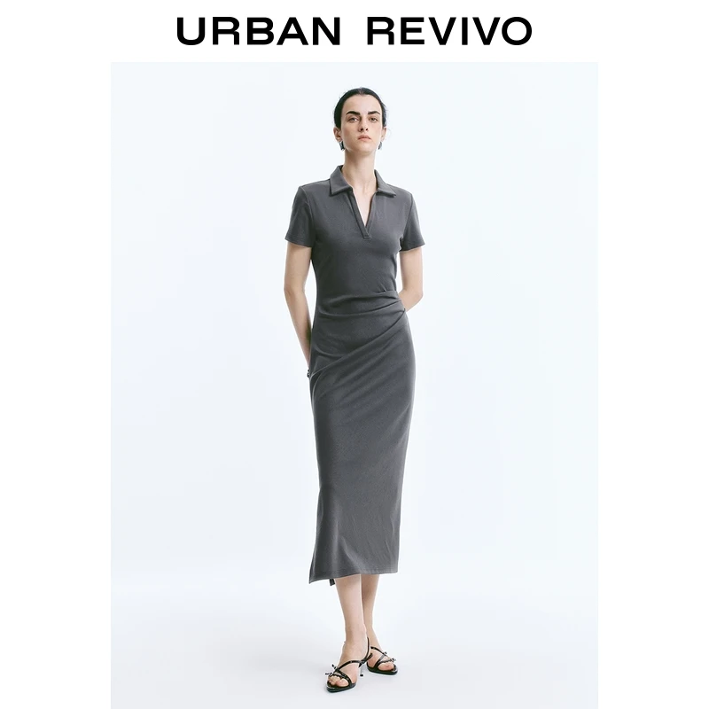 UR2025夏季新款女通勤气质褶皱收腰短袖长裙连衣裙UWJ750036