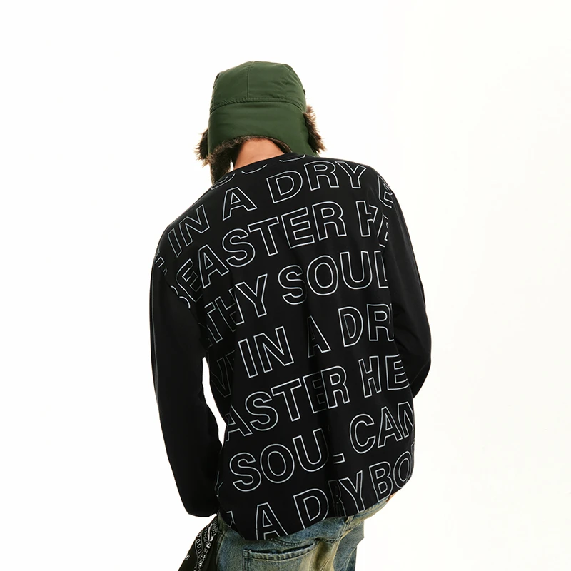 BEASTER纯棉满印字母长袖T恤美式潮流刺绣百搭新款黑色上衣