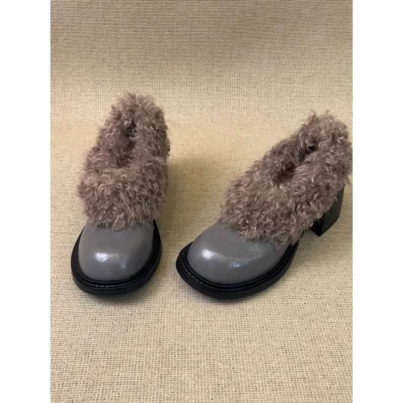 nnmiss/6.5cm复古圆头羊羔毛拼接单鞋保暖加绒厚底毛毛鞋