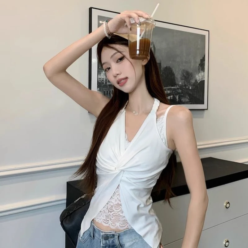 辣妹纯欲性感假两件蕾丝挂脖V领吊带背心
