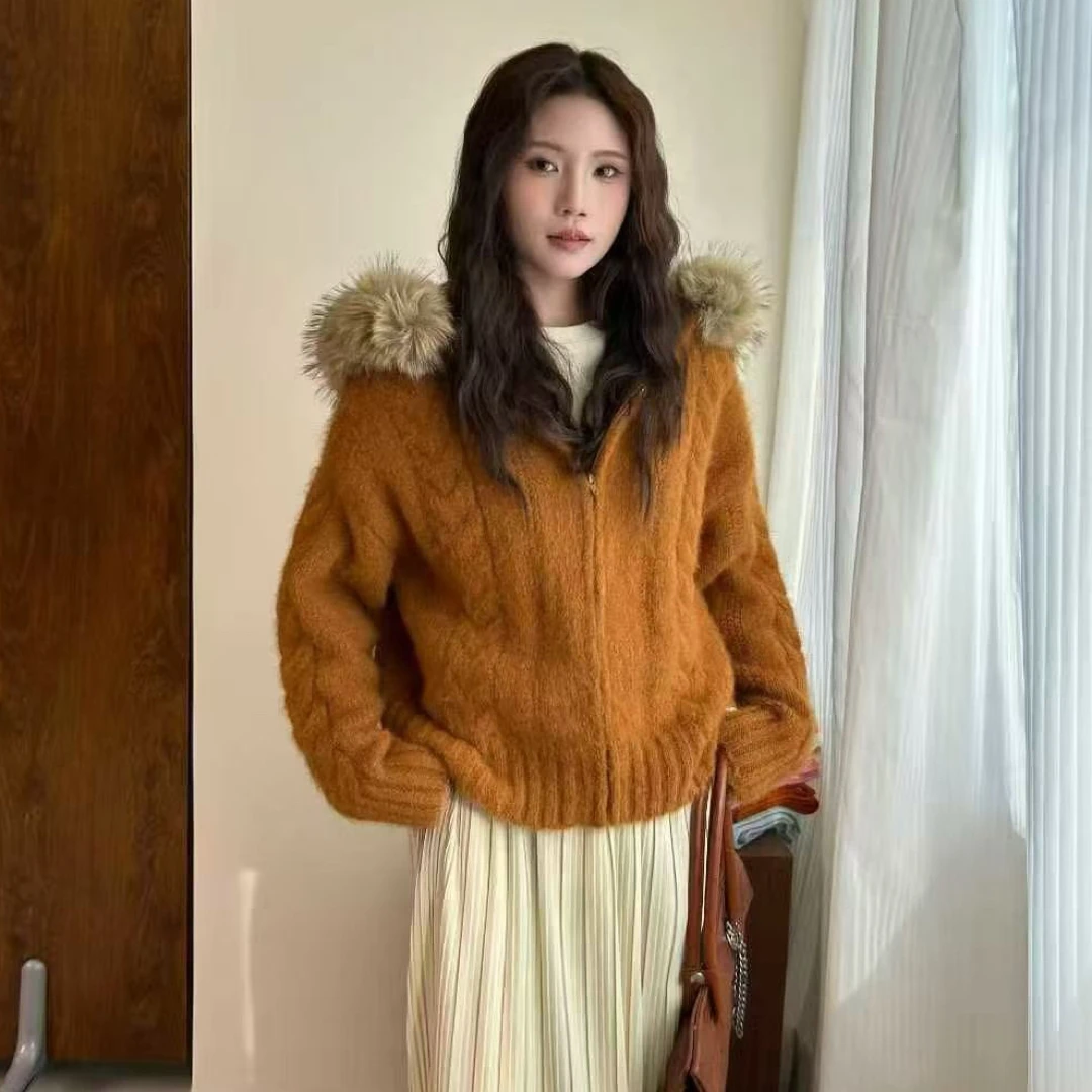 秋冬纯欲小女人可拆卸毛领连帽拉链针织开衫冬季外套