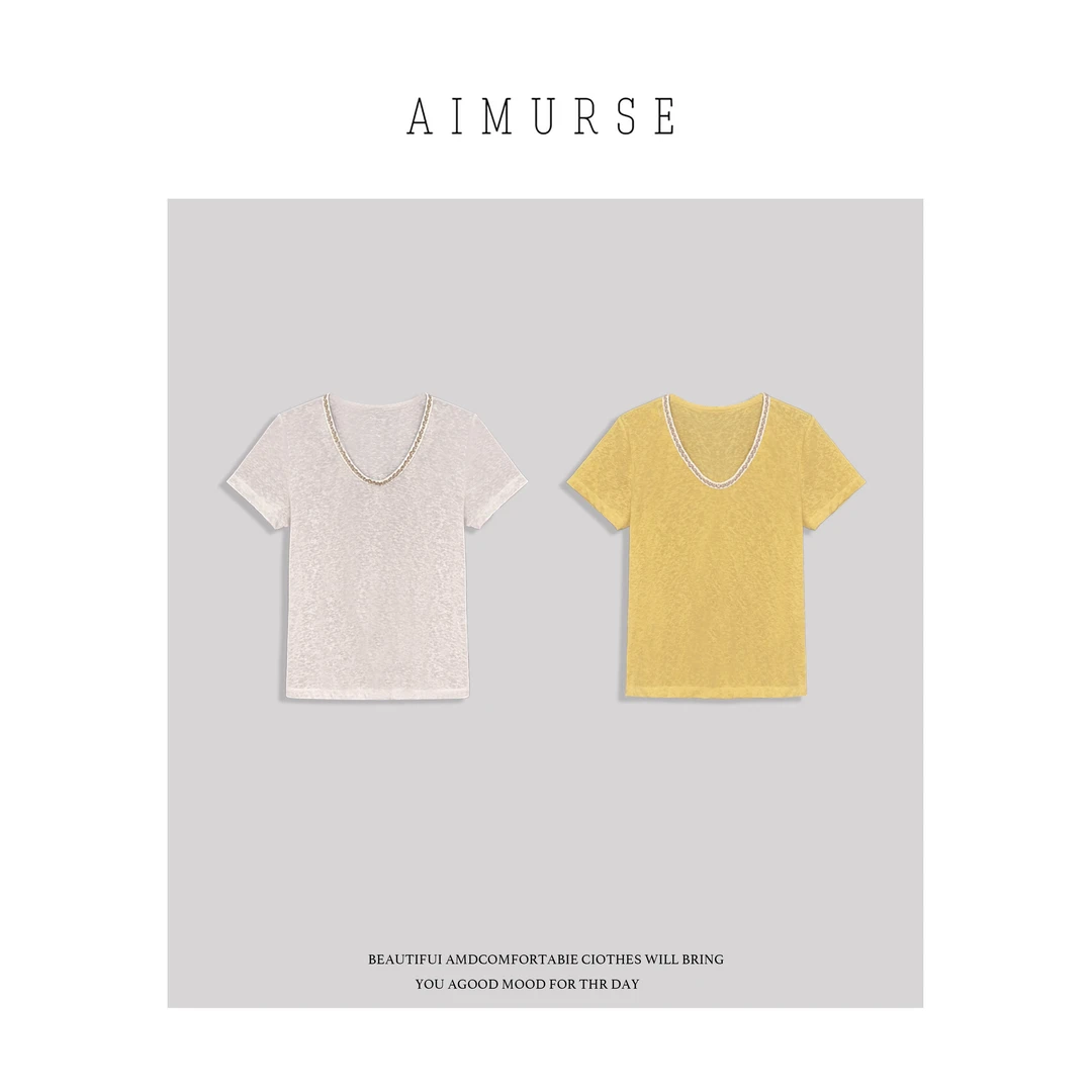 AIMURSE【清浅】小众设计师 复古编织带领口休闲百搭T恤 AM6672