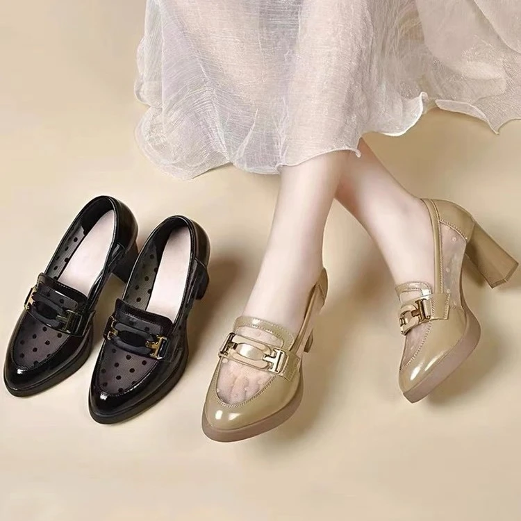 时尚百搭透气春夏软底粗跟舒适高跟皮鞋 雪汾方根高跟鞋 春季