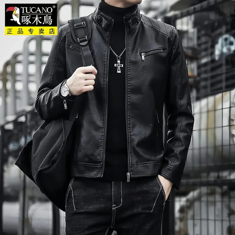 啄木鳥海宁皮衣痞帅上衣男秋冬季韩版潮流时尚立领机车服工装外套