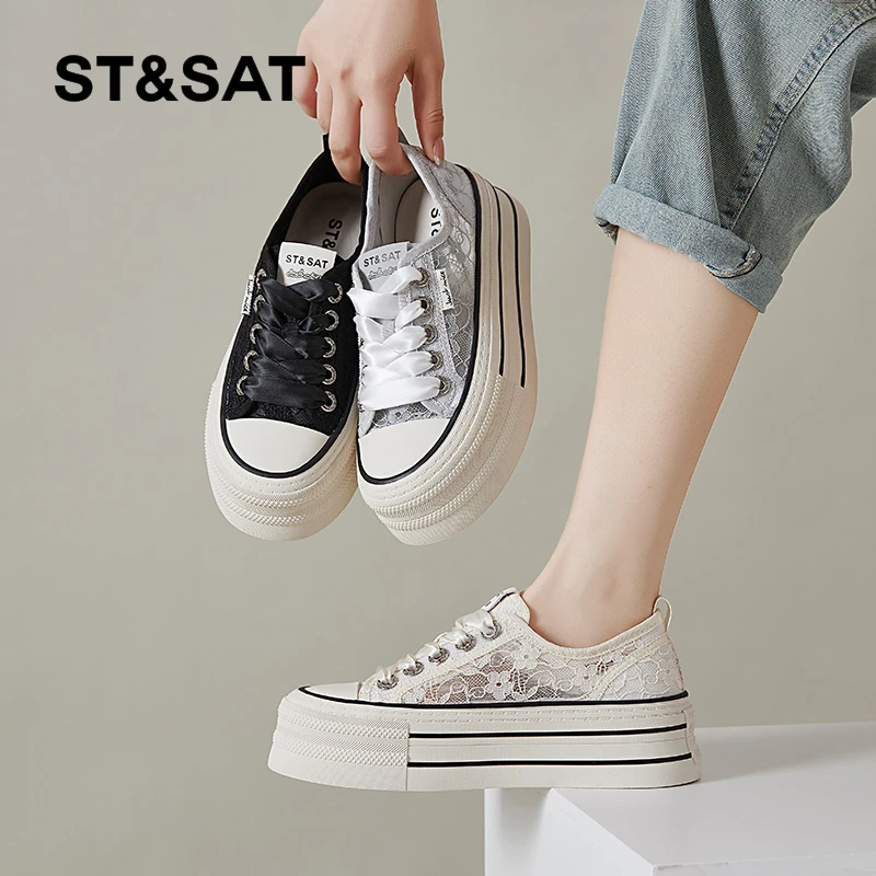 星期六女鞋厚底小白鞋夏2025新款蕾丝透气松糕运动休闲板鞋