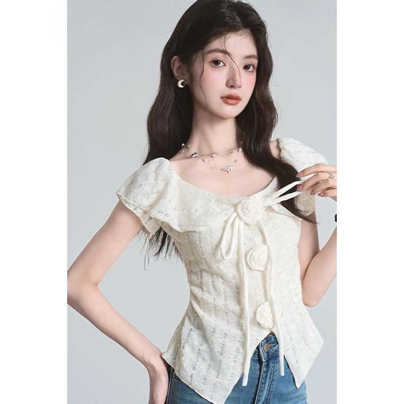 法式立体花朵绑带短袖T恤女2025夏季新修身方领小衫上衣
