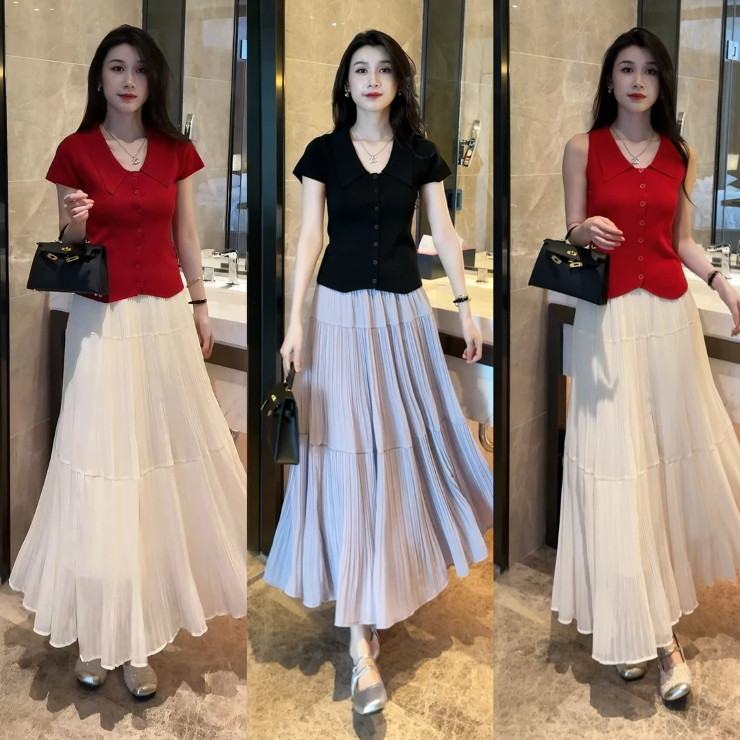 2025初夏穿搭法式温柔掐腰冰凉毛织上衣＋高腰半身裙两件套