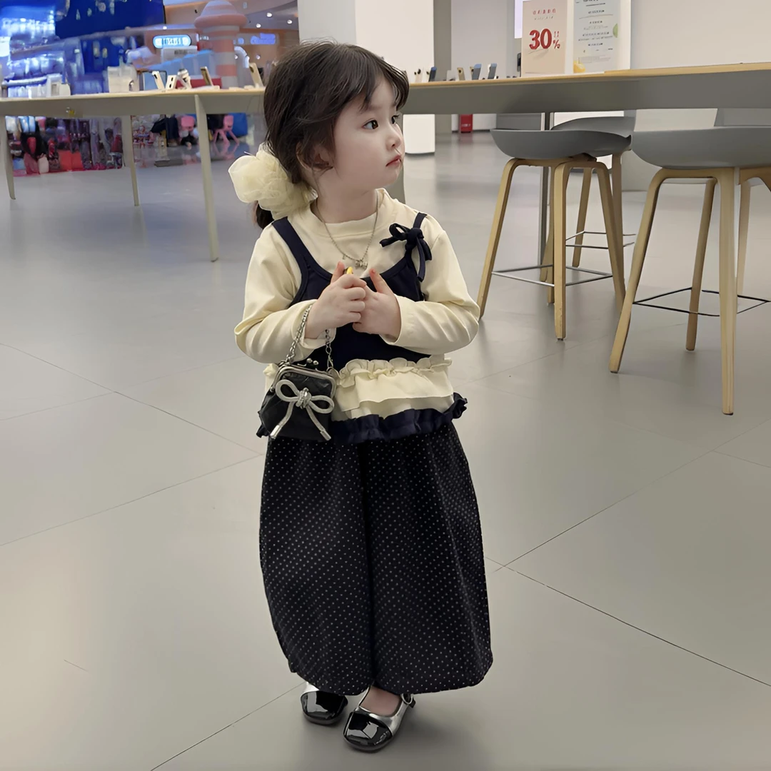 女童套装2025春季新款儿童内搭修身设计感假两件叠穿上衣休闲长裤