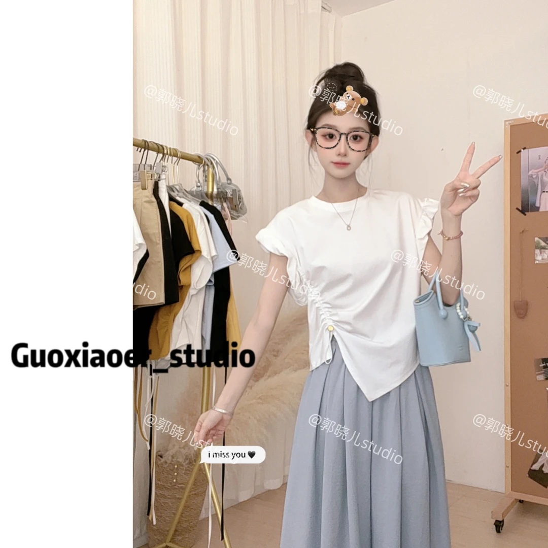 【花边袖上衣】宽松不规则纯时尚色抽褶短袖显瘦休闲百搭夏季1377