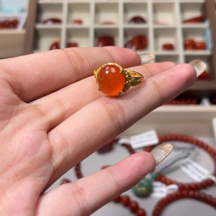 南红玛瑙银S925镶嵌戒指原矿南红冰红女戒