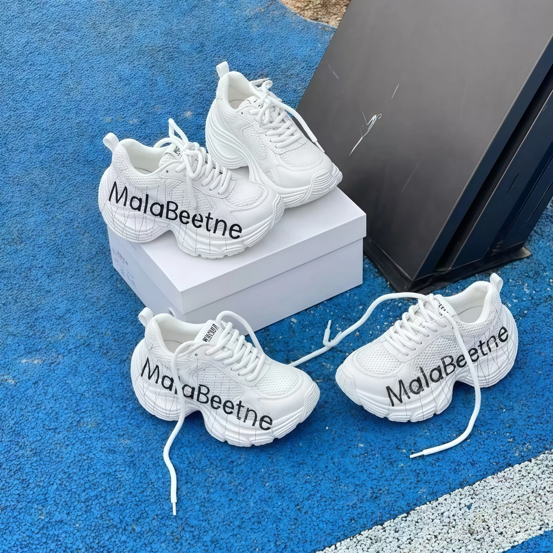 2025夏季女款增高透气老爹鞋白色真皮网面轻便软底休闲运动鞋潮鞋