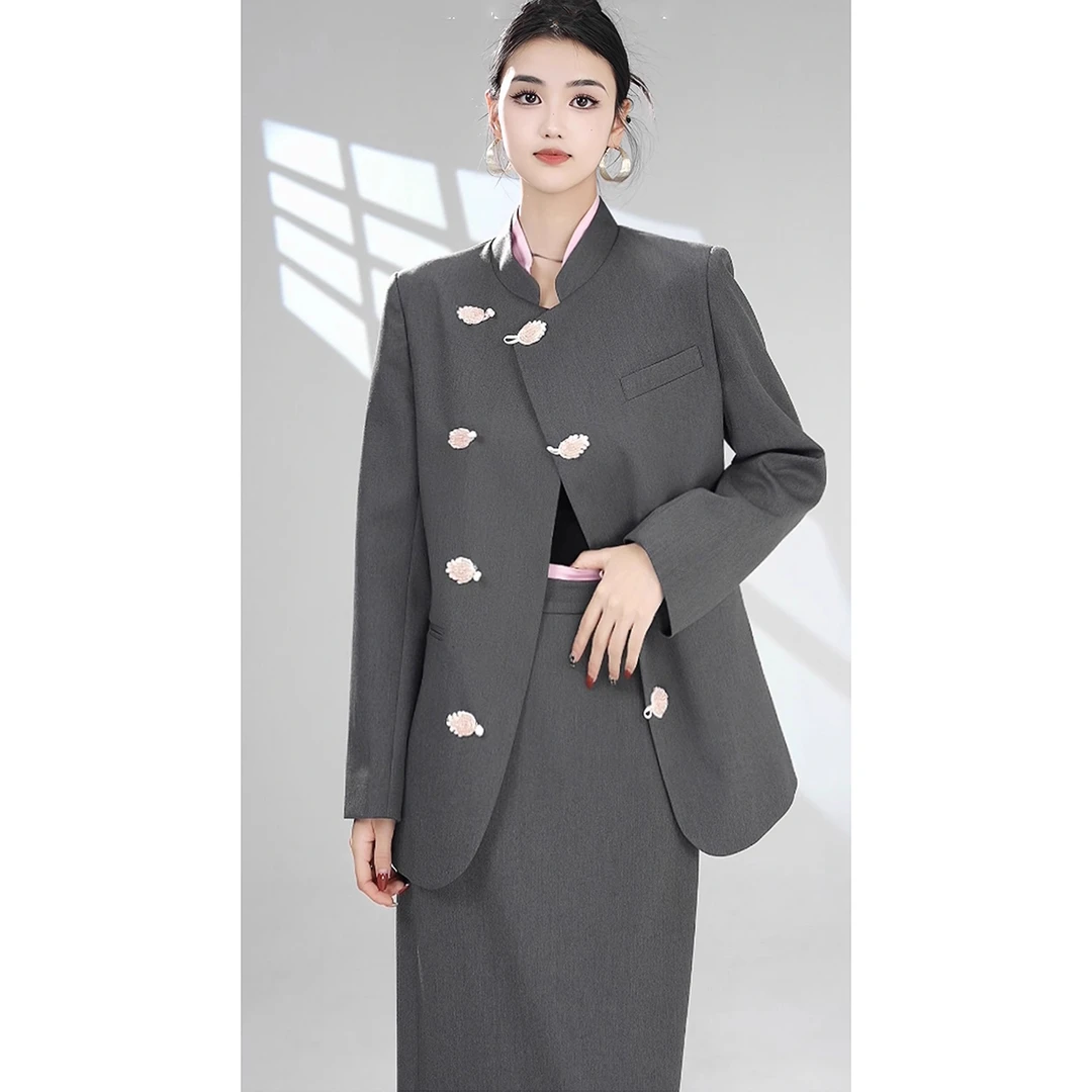 设计感时尚套装气质洋气轻奢减龄灰色西装开叉半身裙超好看两件套